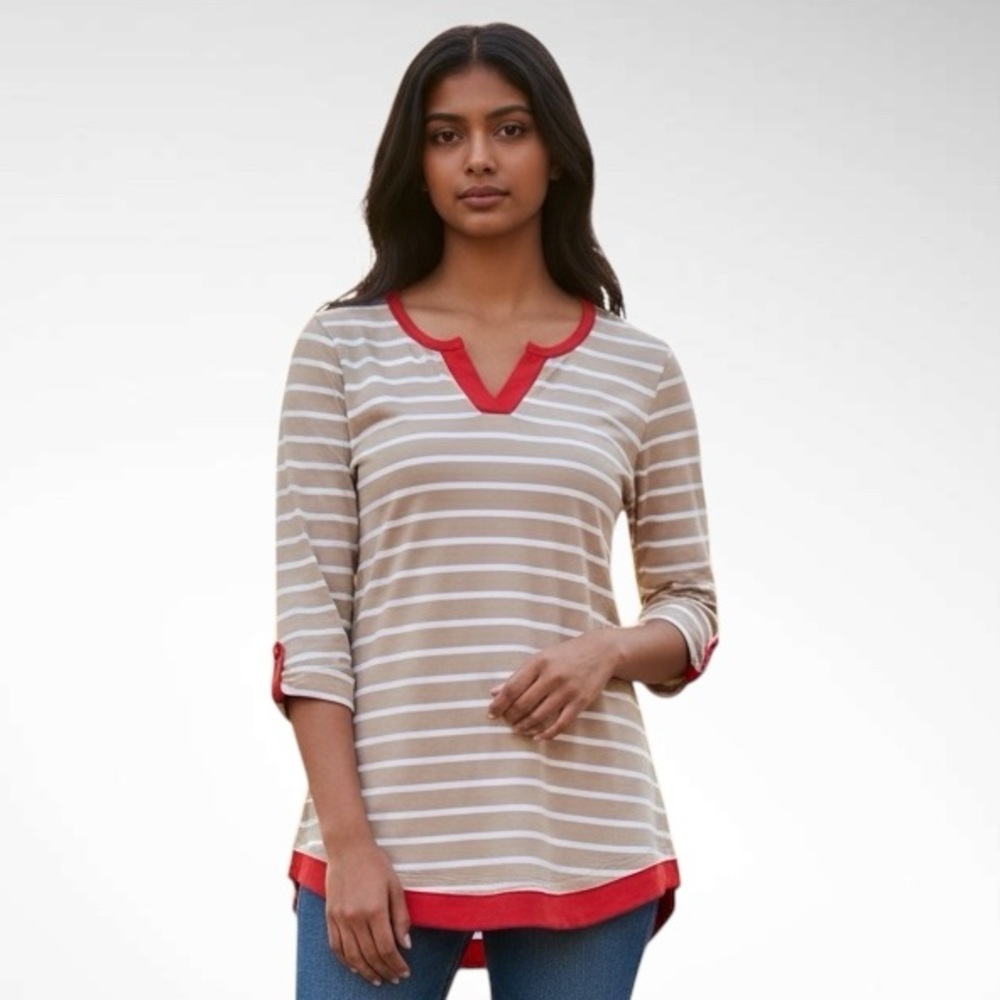 E.L.I. Striped Pima Cotton Pullover Top 3/4-Sleeves